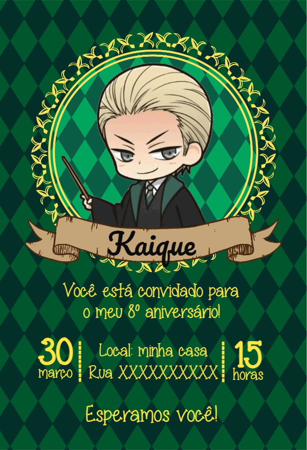 Convite Aniversário Draco Malfoy Sonserina para Editar Online Convite Aniversário Draco Malfoy Sonserina para Editar Online