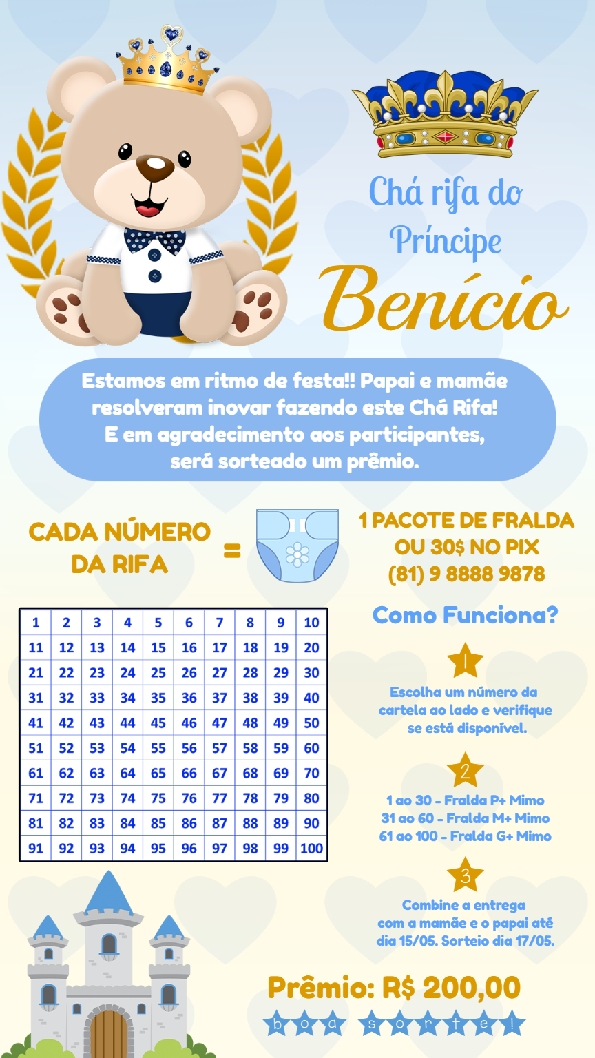 Chá Rifa Ursinho Príncipe: Convite Editável para Chá de Bebê Chá Rifa Ursinho Príncipe: Convite Editável para Chá de Bebê