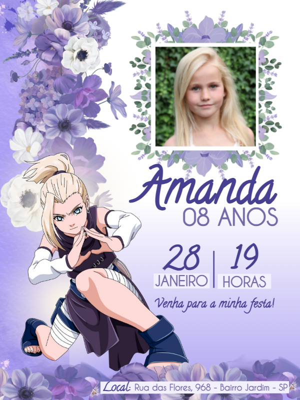 Convite de Aniversário Ino Naruto com Foto para Editar Online Convite de Aniversário Ino Naruto com Foto para Editar Online