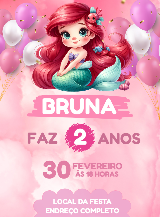 Convite Aniversário Pequena Sereia Ariel para Editar Online
