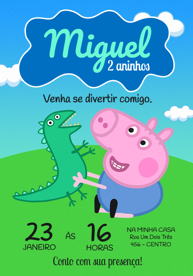 Convite de Aniversário George Pig com Dinossauro para Editar Convite de Aniversário George Pig com Dinossauro para Editar