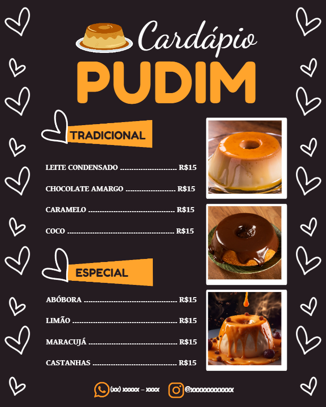 Cardápio de Pudim Editável Online para Confeitaria Cardápio de Pudim Editável Online para Confeitaria