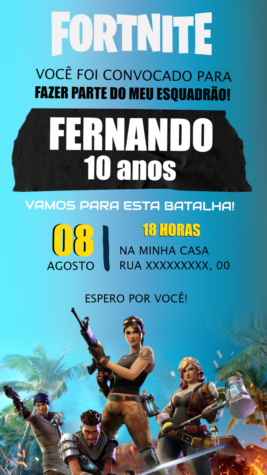 Convite de Aniversário Fortnite com Personagens para Editar Online Convite de Aniversário Fortnite com Personagens para Editar Online