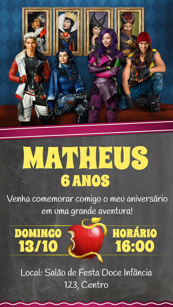 Convite de Aniversário Descendentes com Personagens para Editar Convite de Aniversário Descendentes com Personagens para Editar