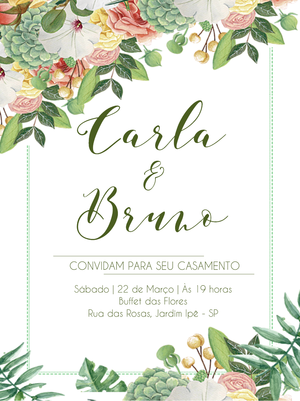 Convite de Casamento Folhagens e Flores para Editar Online
