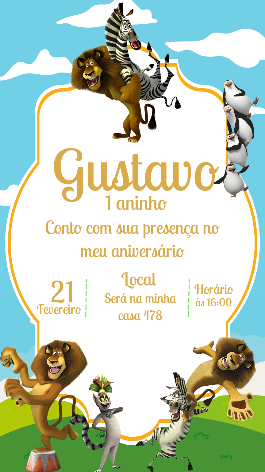 Convite Aniversário Madagascar com Personagens para Editar Online Convite Aniversário Madagascar com Personagens para Editar Online
