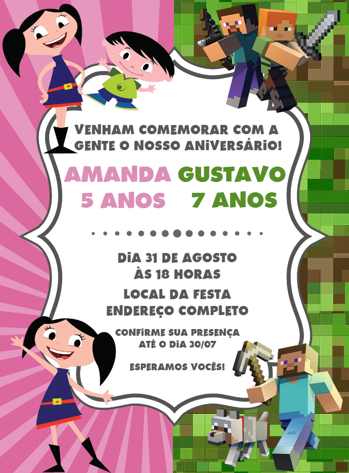 Convite Aniversário Duplo Show da Luna e Minecraft para Editar Convite Aniversário Duplo Show da Luna e Minecraft para Editar