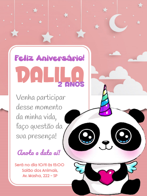 Convite Aniversário Panda Unicórnio para Editar Online Convite Aniversário Panda Unicórnio para Editar Online