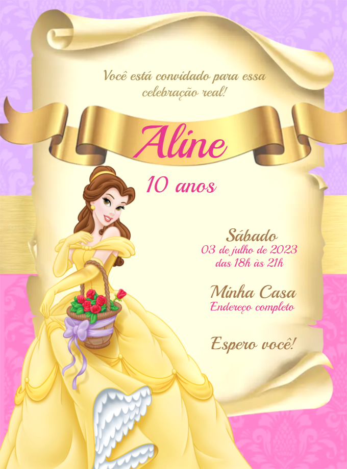 Convite de Aniversário da Princesa Bela para Editar Online Convite de Aniversário da Princesa Bela para Editar Online