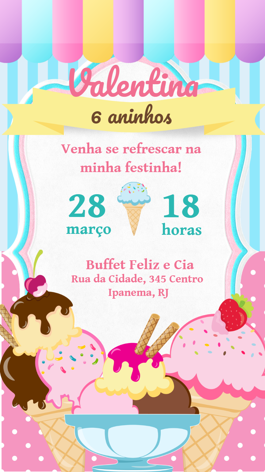 Convite de Aniversário Sorveteria Colorido para Editar Online Convite de Aniversário Sorveteria Colorido para Editar Online