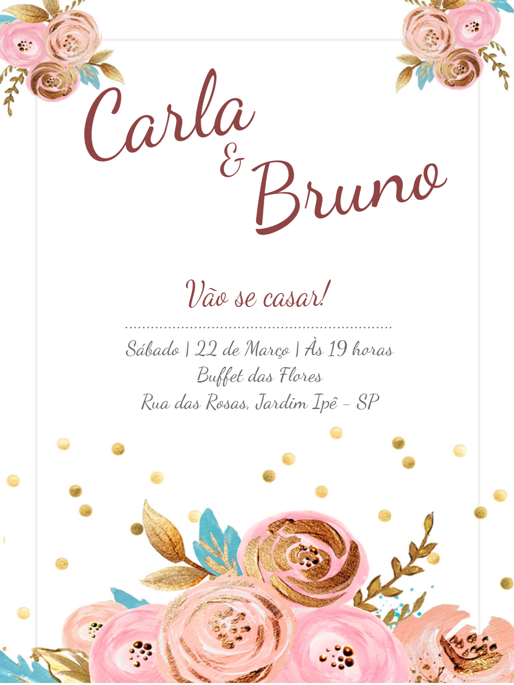 Convite de Casamento Floral Rosé Gold para Editar Online Convite de Casamento Floral Rosé Gold para Editar Online