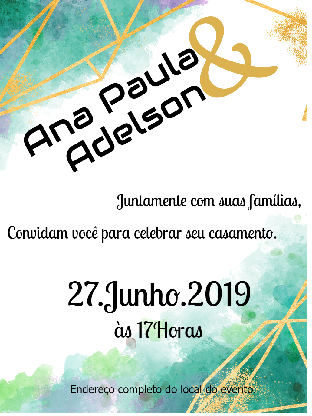Convite de Casamento Aquarela e Geométrico para Editar Online