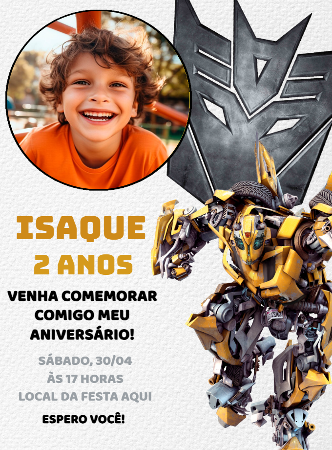 Convite Aniversário Transformers Bumblebee com Foto para Editar Convite Aniversário Transformers Bumblebee com Foto para Editar