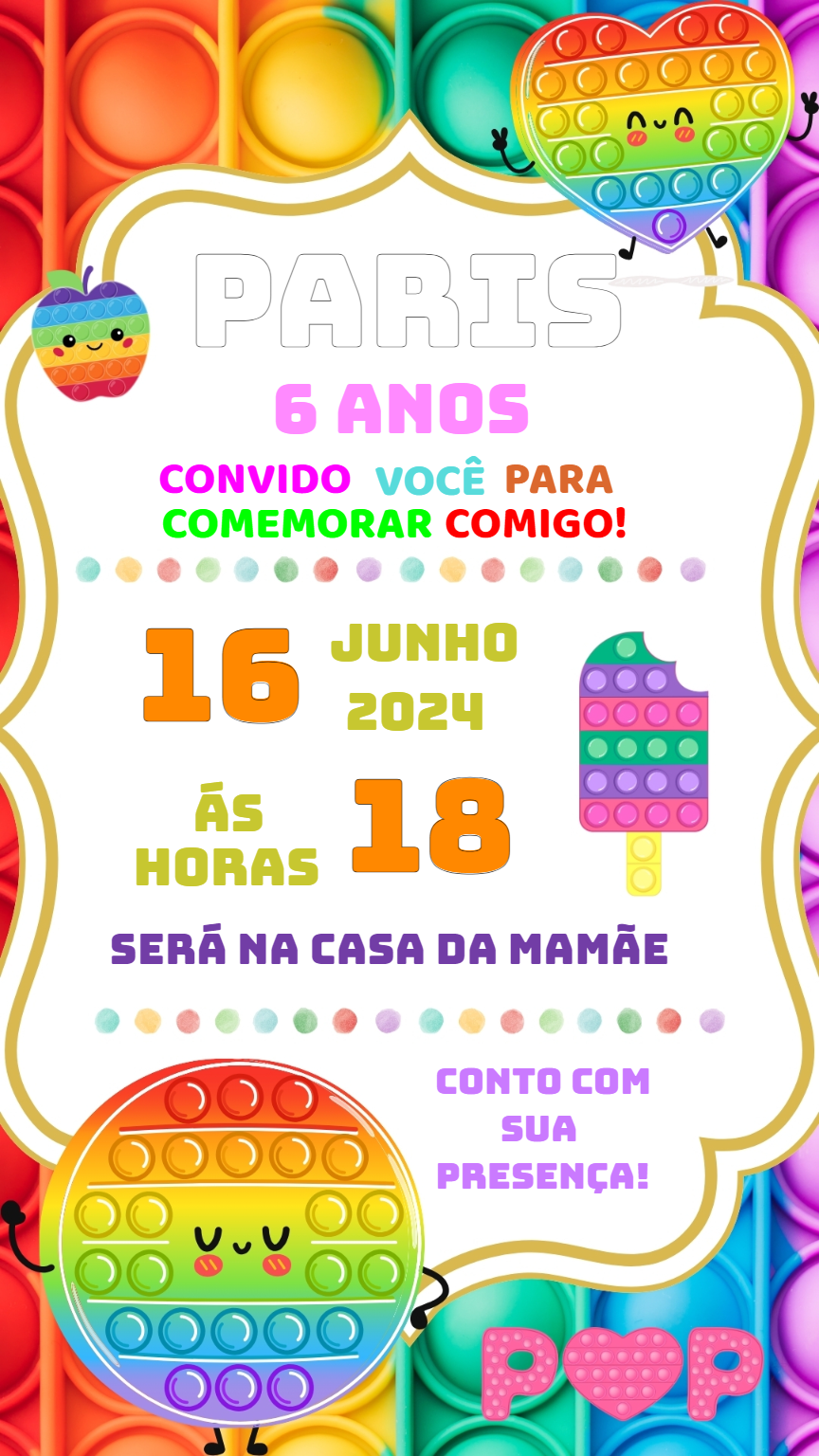 Convite de Aniversário Pop It Colorido para Editar Online Convite de Aniversário Pop It Colorido para Editar Online