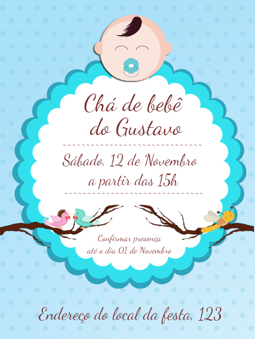Convite Chá de Bebê Menino Passarinhos para Editar Online Convite Chá de Bebê Menino Passarinhos para Editar Online
