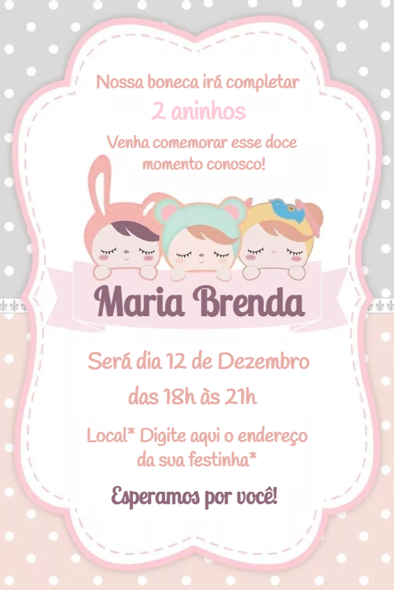 Convite Aniversário Boneca Metoo para Editar Online Convite Aniversário Boneca Metoo para Editar Online