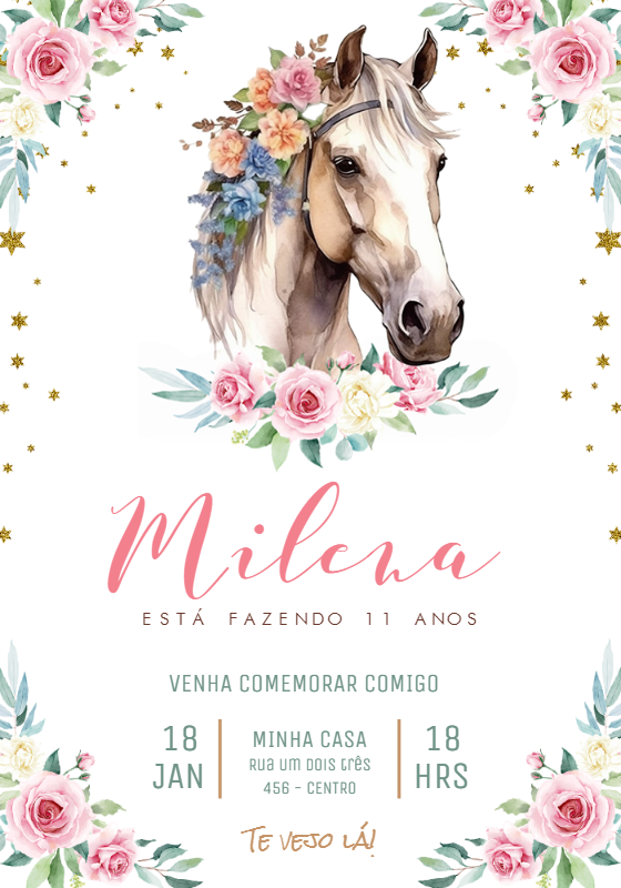 Convite Aniversário Cavalo Rosa Floral para Editar Online Convite Aniversário Cavalo Rosa Floral para Editar Online