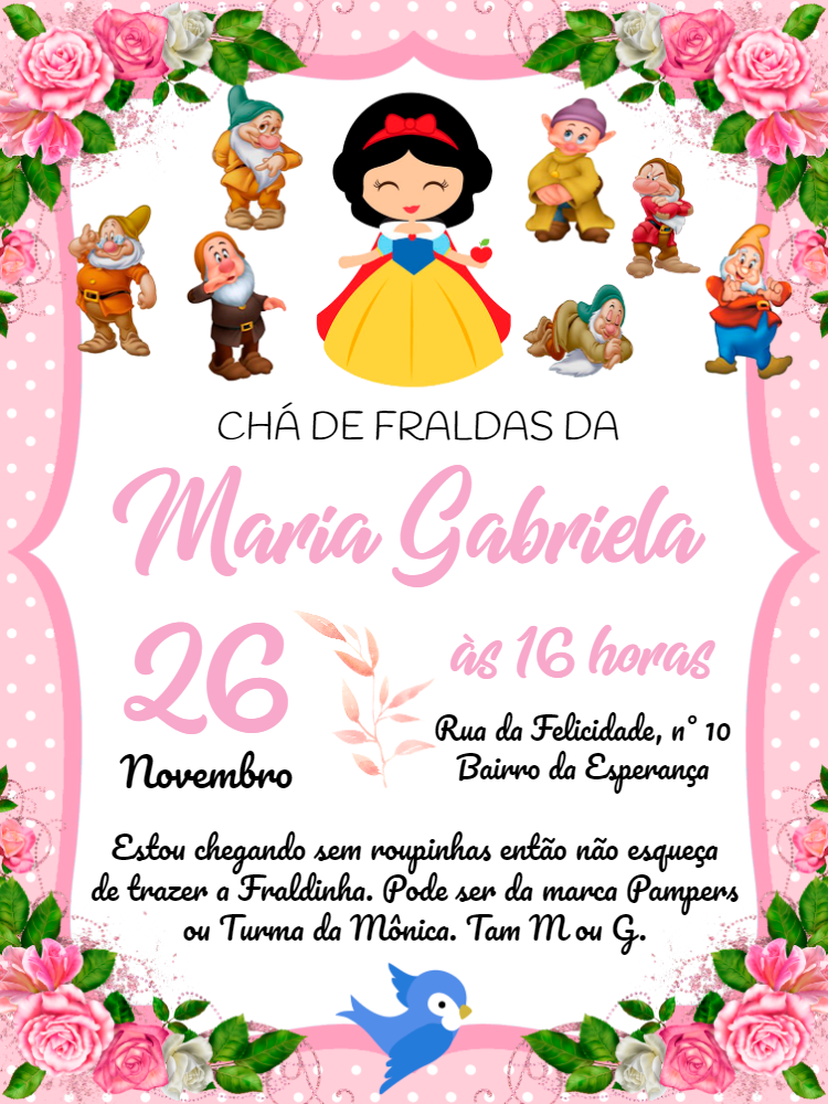 Convite Chá de Fraldas Branca de Neve para Editar Online Convite Chá de Fraldas Branca de Neve para Editar Online