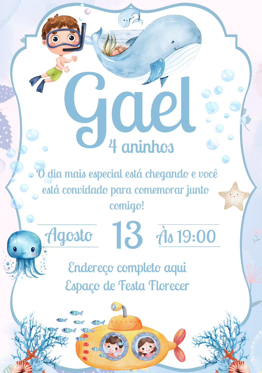 Convite Aniversário Fundo do Mar Menino para Editar Online Convite Aniversário Fundo do Mar Menino para Editar Online