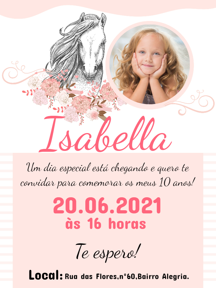 Convite de Aniversário Cavalo Rosa com Foto para Editar Convite de Aniversário Cavalo Rosa com Foto para Editar