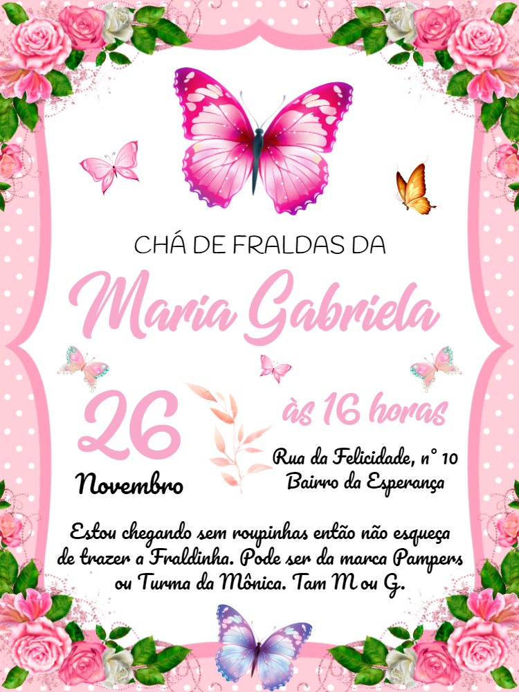 Convite Chá de Fraldas Borboletas Rosa para Editar Online Convite Chá de Fraldas Borboletas Rosa para Editar Online