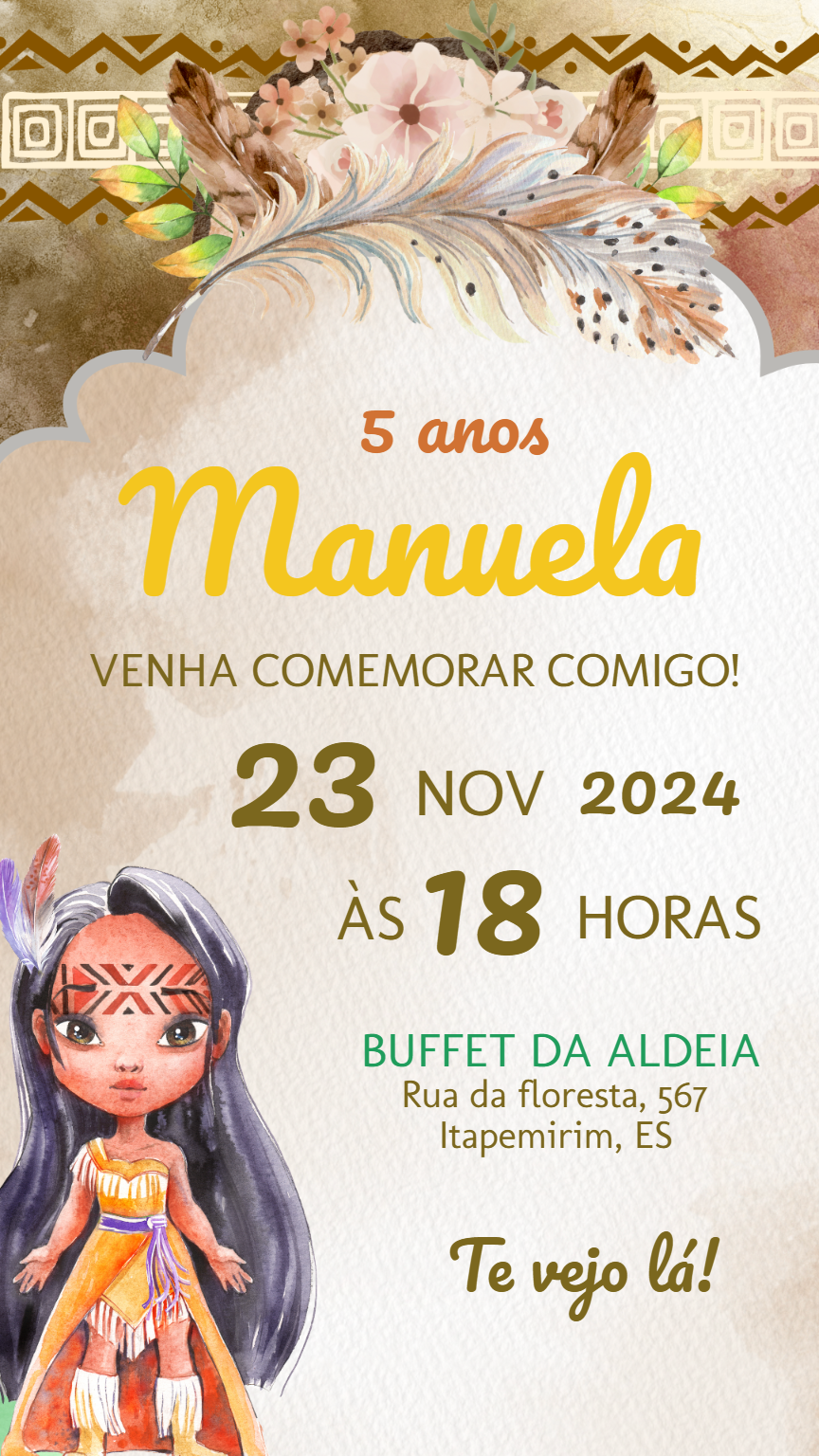 Convite Aniversário Pocahontas Aquarela para Editar Online Convite Aniversário Pocahontas Aquarela para Editar Online