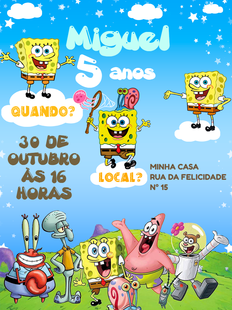 Convite de Aniversário Bob Esponja com a Turma para Editar Convite de Aniversário Bob Esponja com a Turma para Editar