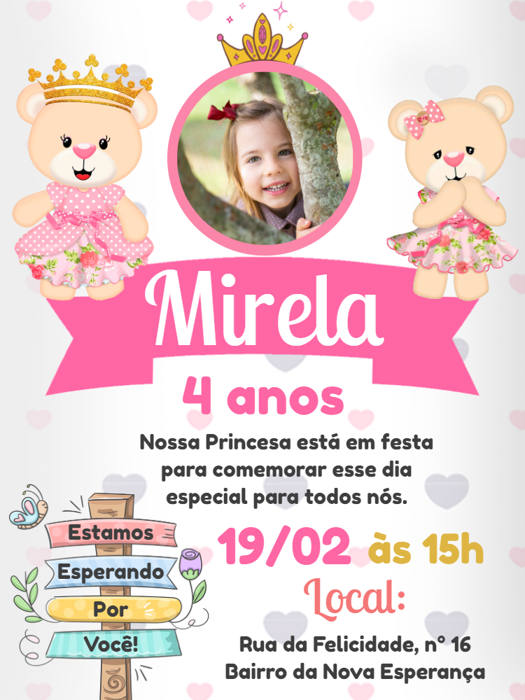Convite Aniversário Ursinha Princesa com Foto para Editar Online Convite Aniversário Ursinha Princesa com Foto para Editar Online