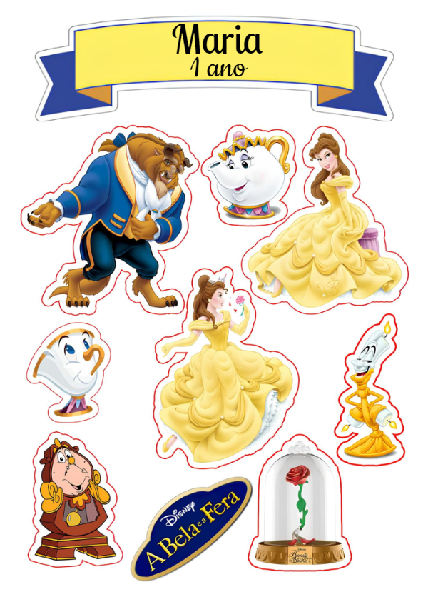 Topo de Bolo A Bela e a Fera com Personagens para Editar Topo de Bolo A Bela e a Fera com Personagens para Editar