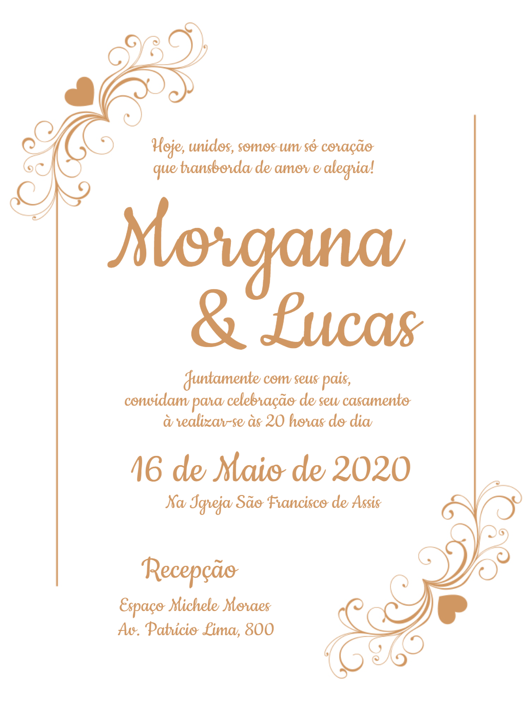 Convite de Casamento Dourado Elegante com Corações para Editar