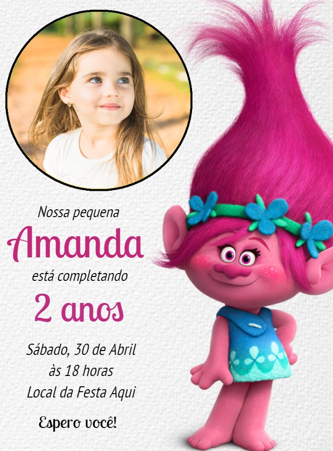 Convite de Aniversário Trolls com Foto para Editar Online Convite de Aniversário Trolls com Foto para Editar Online