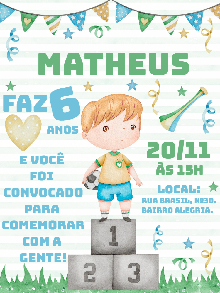 Convite Aniversário Futebol Menino Campeão para Editar Online Convite Aniversário Futebol Menino Campeão para Editar Online