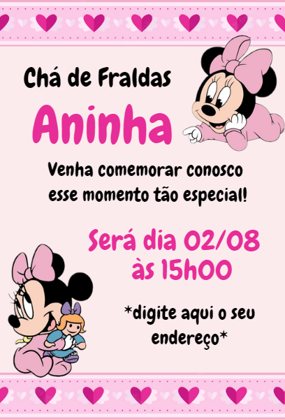 Convite Chá de Fraldas Minnie Baby para Editar Online Convite Chá de Fraldas Minnie Baby para Editar Online