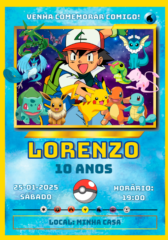 Convite de Aniversário Pokémon com Ash para Editar Online Convite de Aniversário Pokémon com Ash para Editar Online