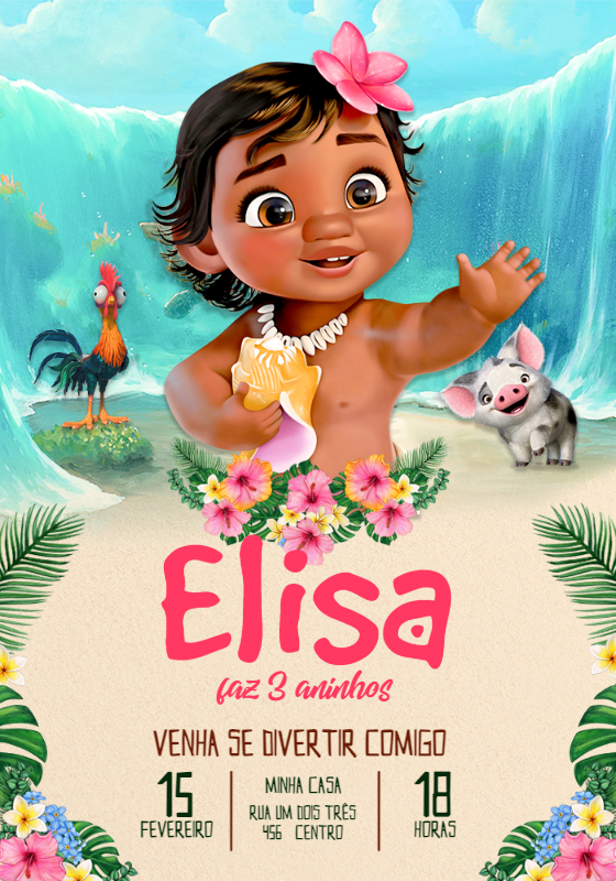 Convite de Aniversário Moana Baby para Editar Online