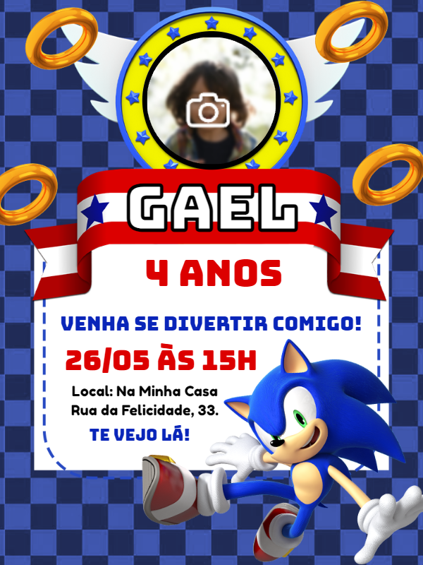 Convite de Aniversário Sonic com Foto para Editar Online Convite de Aniversário Sonic com Foto para Editar Online