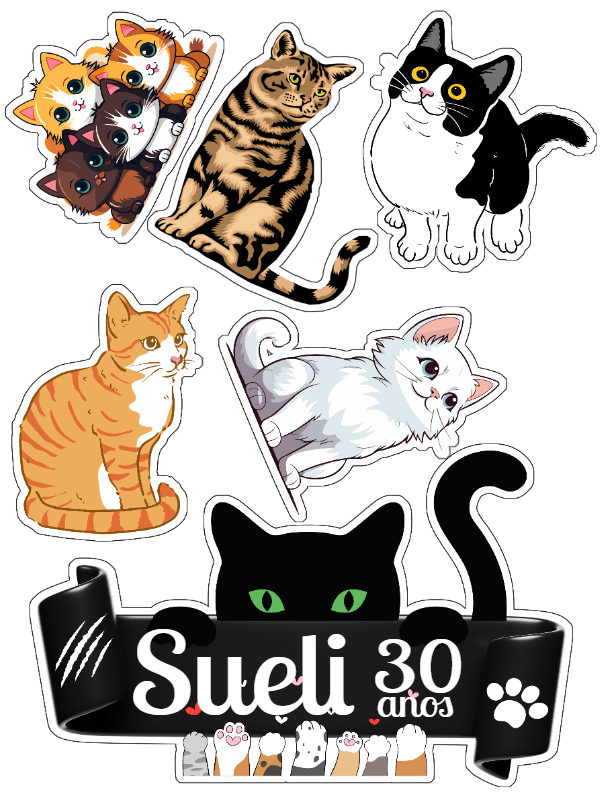 Topo de Bolo Gatos Editável para Festa de Aniversário Topo de Bolo Gatos Editável para Festa de Aniversário