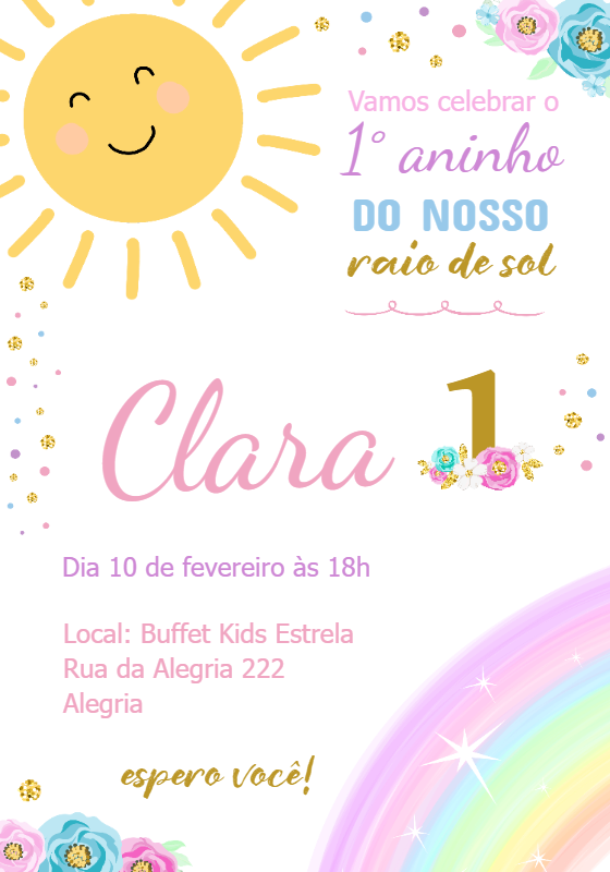Convite Aniversário Raio de Sol para Editar e Imprimir Online Convite Aniversário Raio de Sol para Editar e Imprimir Online