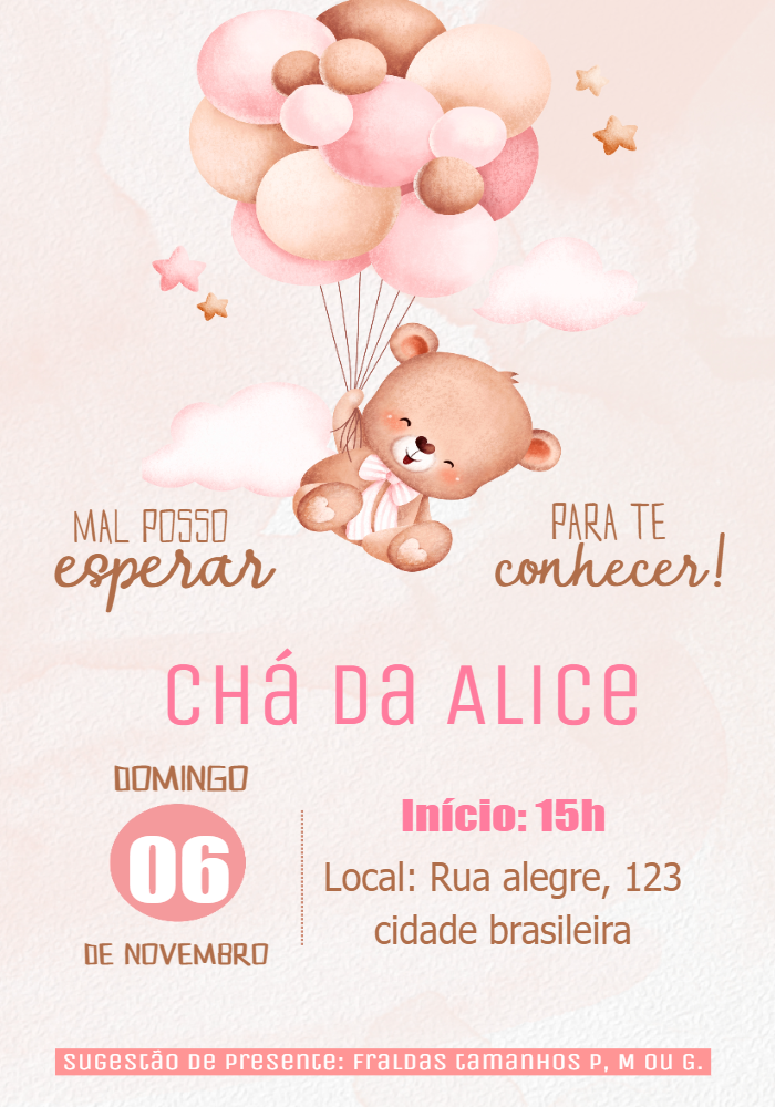 Convite Chá de Bebê Ursinha Baloeira para Editar Online Convite Chá de Bebê Ursinha Baloeira para Editar Online