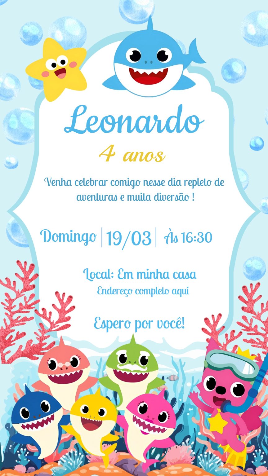 Convite de Aniversário Baby Shark para Editar Online Convite de Aniversário Baby Shark para Editar Online