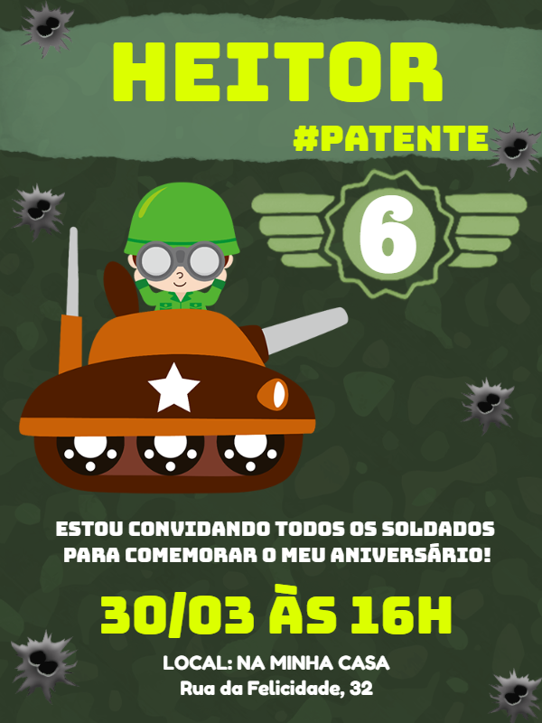 Convite Aniversário Soldado com Tanque para Editar Online Convite Aniversário Soldado com Tanque para Editar Online
