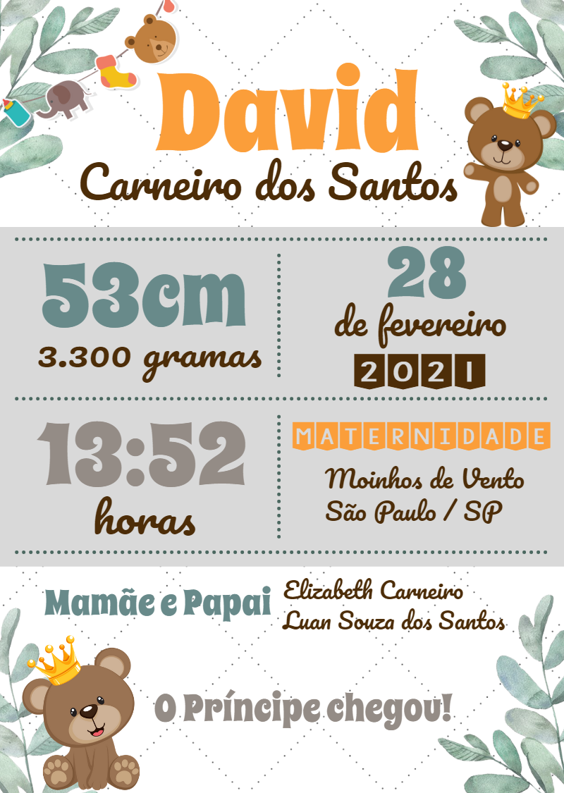 Quadro Nascimento Ursinho Príncipe para Editar Online