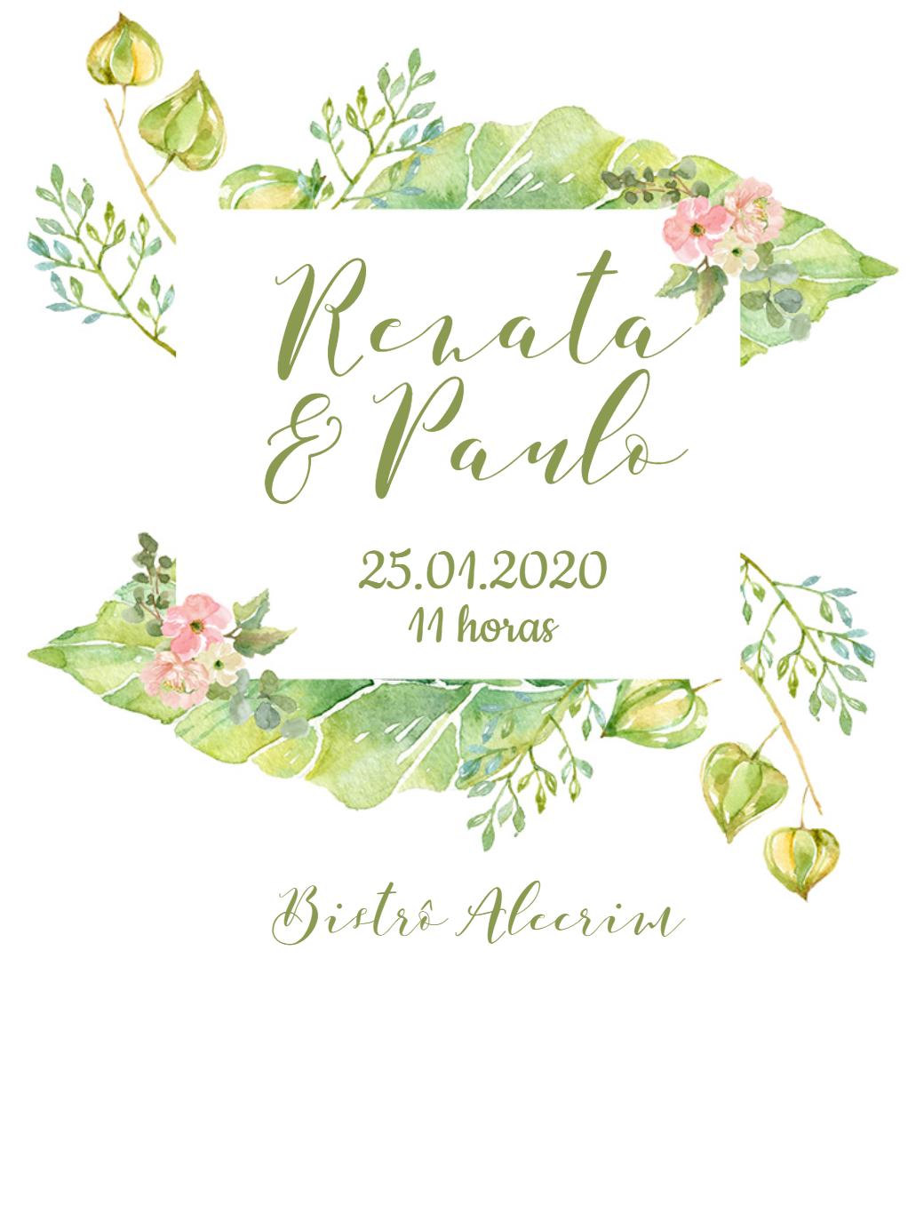 Convite de Casamento Aquarela com Folhagem para Editar Convite de Casamento Aquarela com Folhagem para Editar