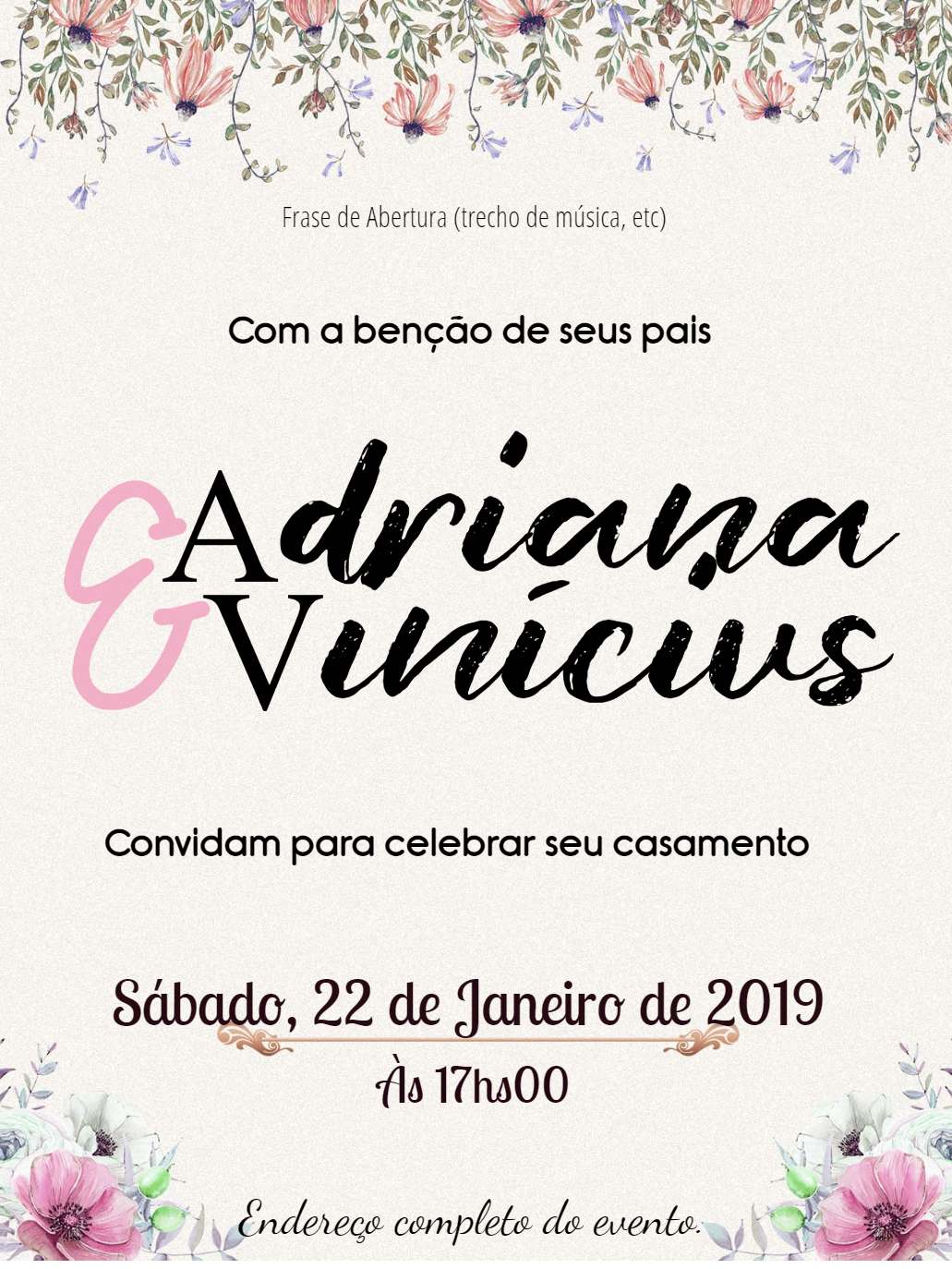 Convite de Casamento Floral Romântico para Editar Online