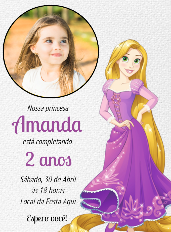Convite Aniversário Rapunzel com Foto para Editar Online Convite Aniversário Rapunzel com Foto para Editar Online