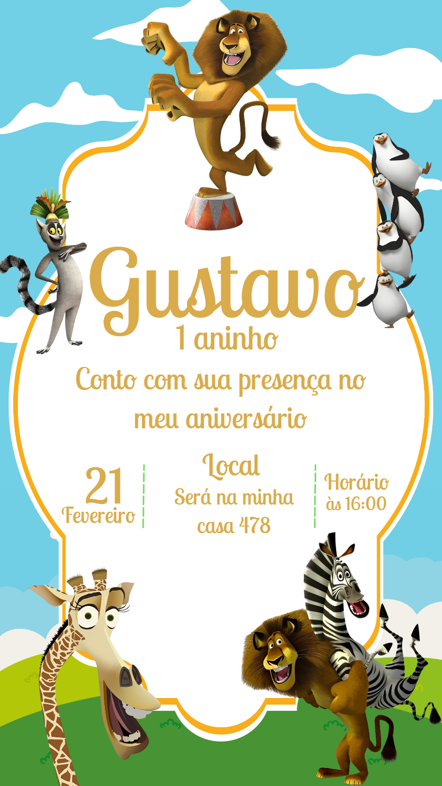 Convite de Aniversário Madagascar com Personagens para Editar Convite de Aniversário Madagascar com Personagens para Editar