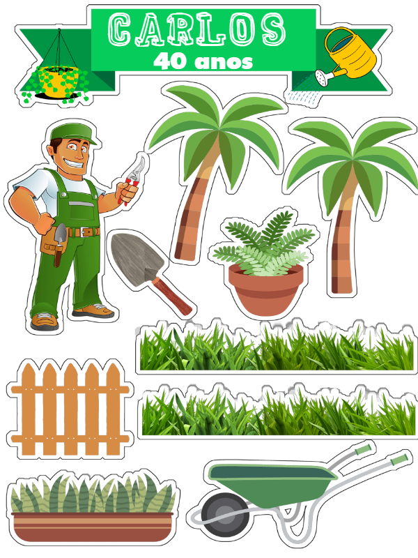 Topo de Bolo Jardineiro Editável para Aniversário Topo de Bolo Jardineiro Editável para Aniversário
