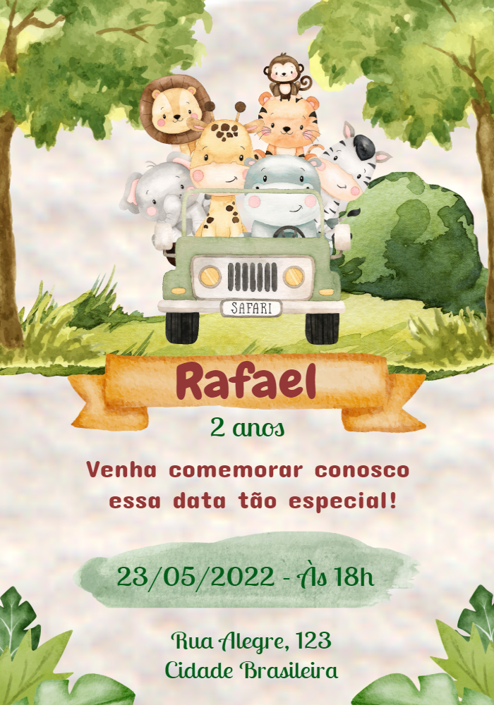 Convite Aniversário Safari com Animais Fofos para Editar Online Convite Aniversário Safari com Animais Fofos para Editar Online