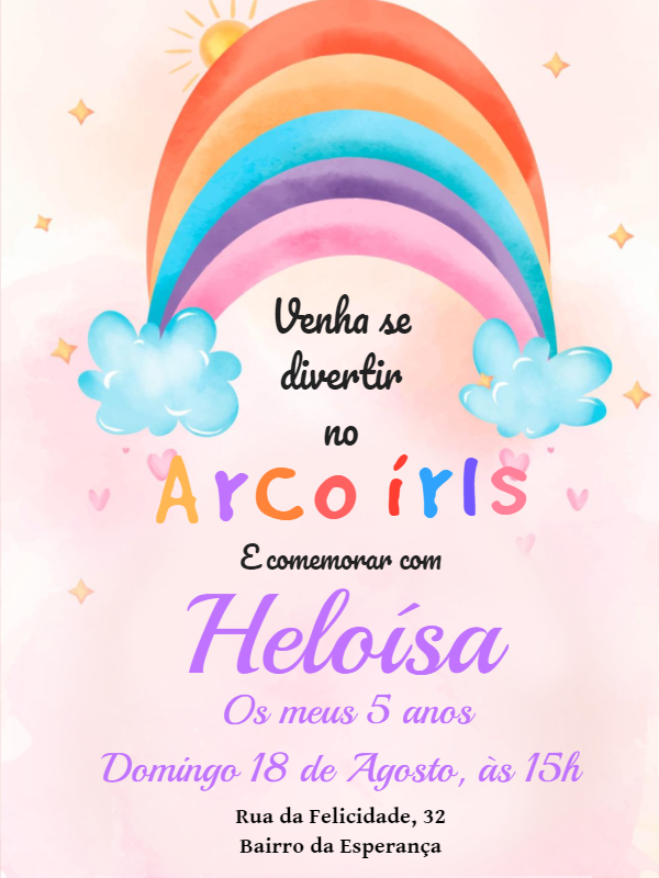 Convite Aniversário Arco-íris Aquarela para Editar Online Convite Aniversário Arco-íris Aquarela para Editar Online
