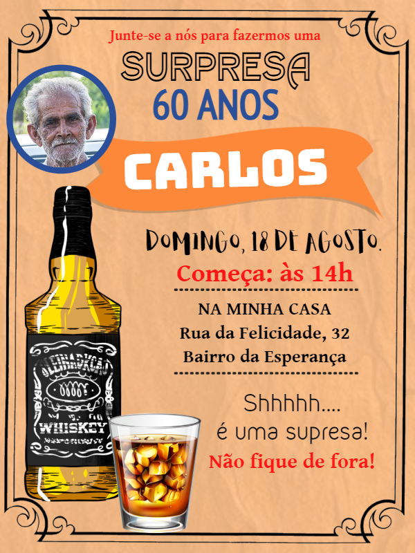 Convite Aniversário Masculino Whisky com Foto para Editar Online Convite Aniversário Masculino Whisky com Foto para Editar Online